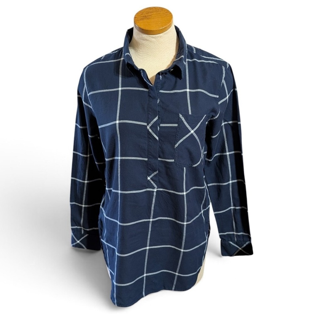 Athleta Navy Blue Windowpane Plaid Cotton Tunic Top S 736488